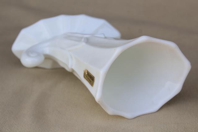 photo of vintage milk glass horn of plenty cornucopia vase, Westmoreland lotus pattern #6