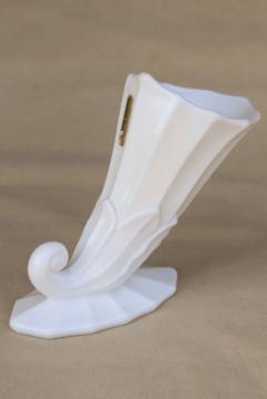 catalog photo of vintage milk glass horn of plenty cornucopia vase, Westmoreland lotus pattern
