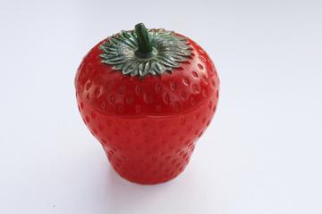 catalog photo of vintage milk glass jam pot, red strawberry shaped jar for country kitchen