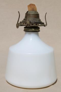 catalog photo of vintage milk glass kerosene oil lamp w/ old Queen Anne burner