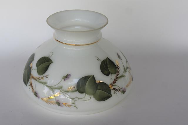 photo of vintage milk glass lamp shade, hand painted ivy translucent white glass lampshade #1