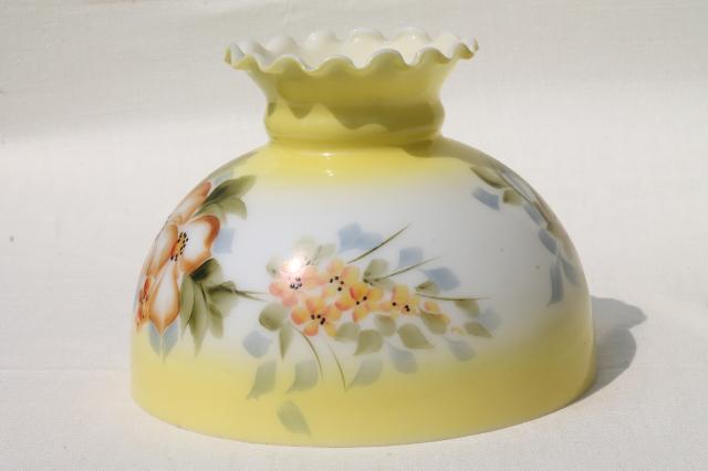 photo of vintage milk glass lamp shade w/ hand-painted flowers, golden yellow amber harvest colors #3
