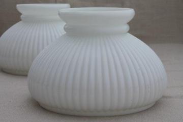 catalog photo of vintage milk glass lamp shades for student lamp, matched pair ribbed glass shades