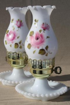 catalog photo of vintage milk glass lamps w/ hand-painted hurricane shades, boudoir / vanity lamp set