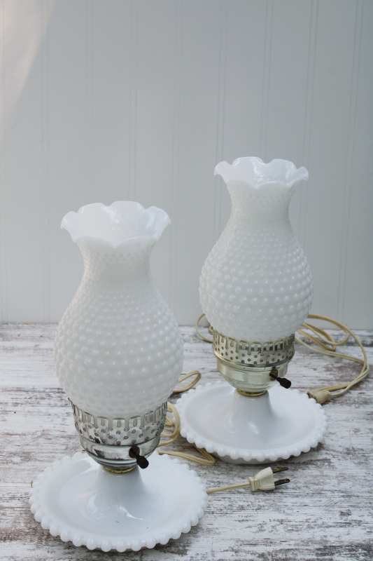 photo of vintage milk glass lamps, hobnail glass hurricane chimney shades w/ beaded edge lamp bases #4