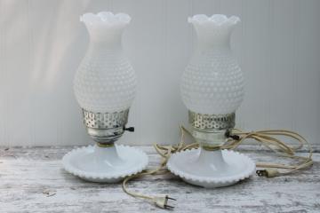 catalog photo of vintage milk glass lamps, hobnail glass hurricane chimney shades w/ beaded edge lamp bases