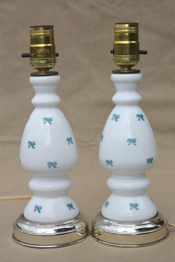 photo of vintage milk glass lamps, pair of hand-painted boudoir lamps w/ tiny blue bows #1