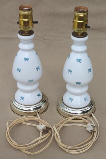 photo of vintage milk glass lamps, pair of hand-painted boudoir lamps w/ tiny blue bows #2