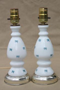 catalog photo of vintage milk glass lamps, pair of hand-painted boudoir lamps w/ tiny blue bows