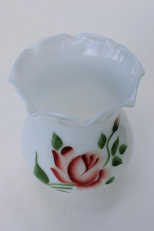 photo of vintage milk glass lampshade w/ hand painted pink rose, hurricane chimney shade #1