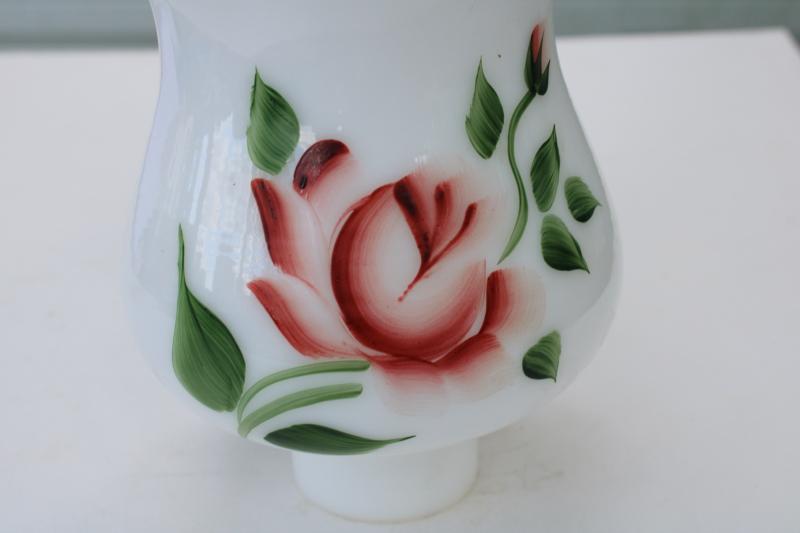 photo of vintage milk glass lampshade w/ hand painted pink rose, hurricane chimney shade #2