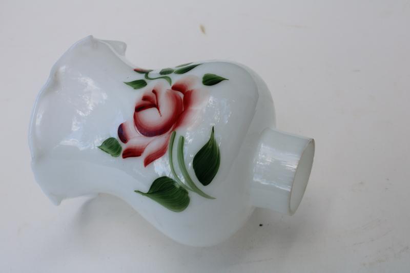 photo of vintage milk glass lampshade w/ hand painted pink rose, hurricane chimney shade #4