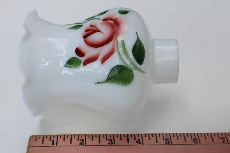 photo of vintage milk glass lampshade w/ hand painted pink rose, hurricane chimney shade #5