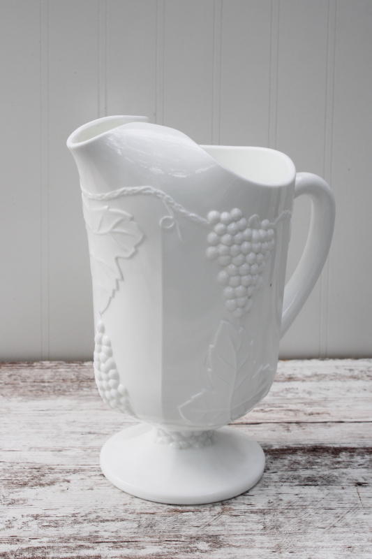 photo of vintage milk glass lemonade or ice water pitcher, Indiana Colony glass harvest grapes pattern #1