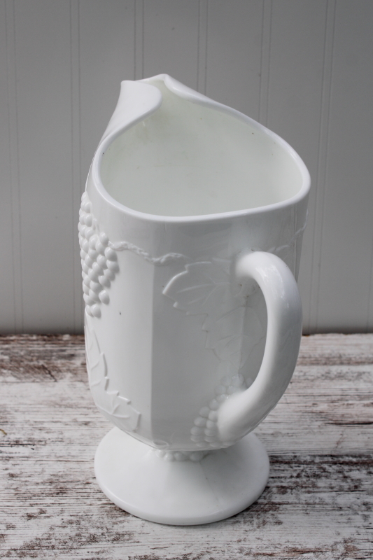 photo of vintage milk glass lemonade or ice water pitcher, Indiana Colony glass harvest grapes pattern #3