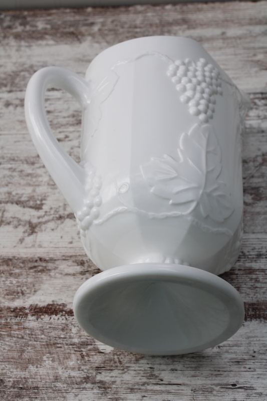 photo of vintage milk glass lemonade or ice water pitcher, Indiana Colony glass harvest grapes pattern #6