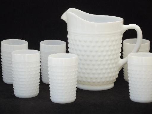 photo of vintage milk glass lemonade set, hobnail glass pitcher & dot dash tumblers  #1