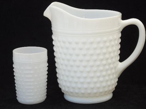 photo of vintage milk glass lemonade set, hobnail glass pitcher & dot dash tumblers  #2