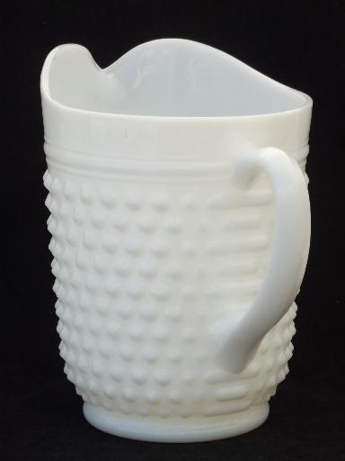 photo of vintage milk glass lemonade set, hobnail glass pitcher & dot dash tumblers  #4