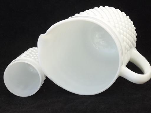 photo of vintage milk glass lemonade set, hobnail glass pitcher & dot dash tumblers  #5