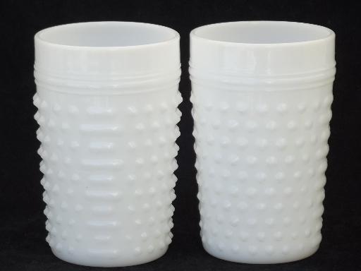 photo of vintage milk glass lemonade set, hobnail glass pitcher & dot dash tumblers  #7