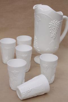 catalog photo of vintage milk glass lemonade set, opaque white grape pitcher & tumbler drinking glasses