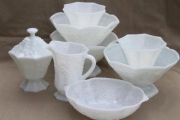 catalog photo of vintage milk glass lot - Anchor Hocking grapes pattern glass bowls, planters, vases, pitcher