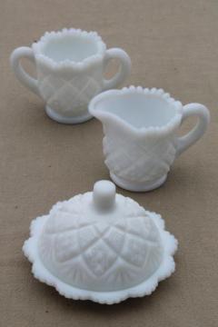 catalog photo of vintage milk glass mini cream & sugar and round butter, Thumbelina dish doll dishes size