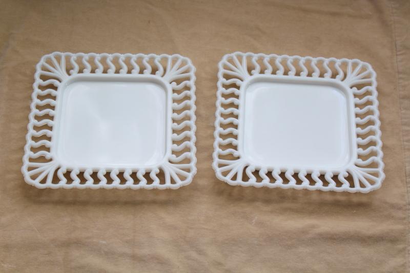 photo of vintage milk glass open lace edge border square trays or plates, Westmoreland S scroll #1