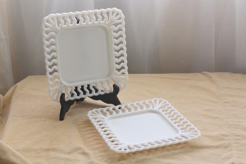 photo of vintage milk glass open lace edge border square trays or plates, Westmoreland S scroll #2