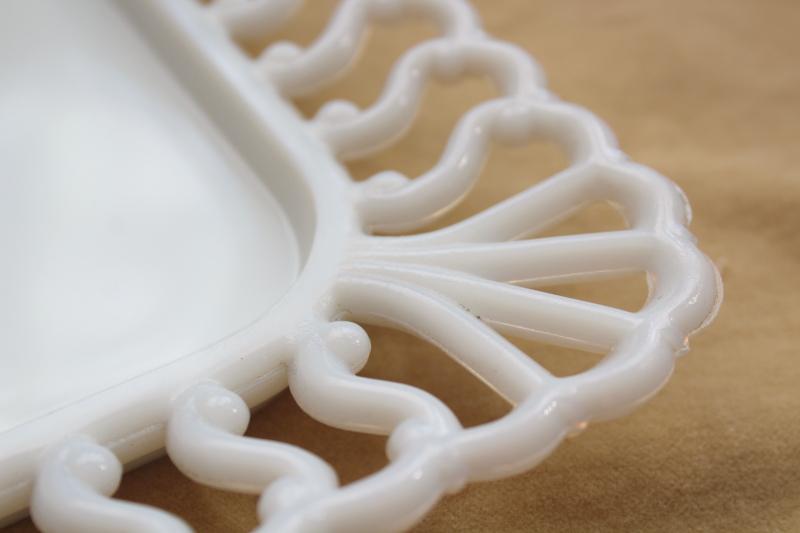 photo of vintage milk glass open lace edge border square trays or plates, Westmoreland S scroll #3