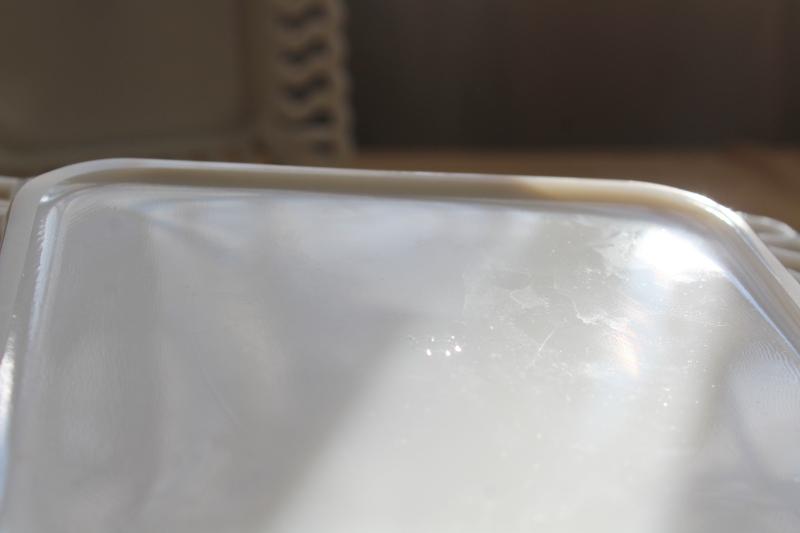 photo of vintage milk glass open lace edge border square trays or plates, Westmoreland S scroll #4