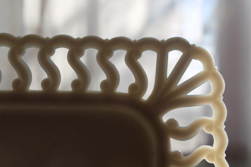 photo of vintage milk glass open lace edge border square trays or plates, Westmoreland S scroll #6