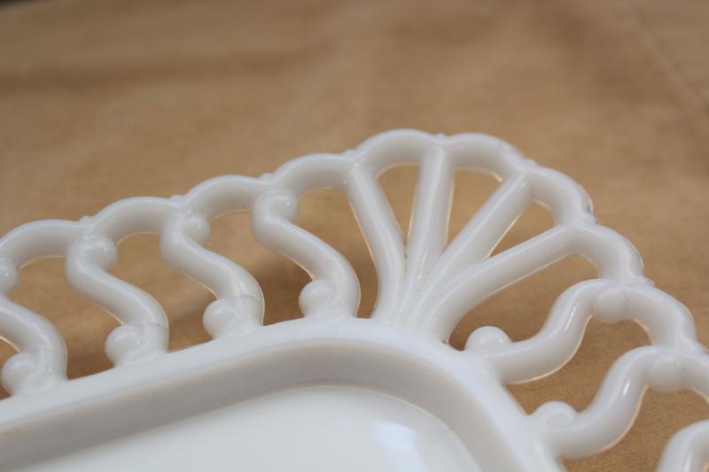 photo of vintage milk glass open lace edge border square trays or plates, Westmoreland S scroll #8