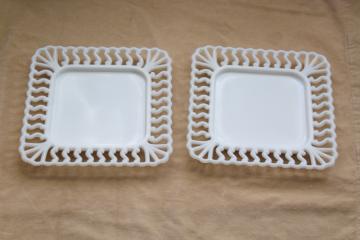 catalog photo of vintage milk glass open lace edge border square trays or plates, Westmoreland S scroll