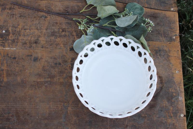 photo of vintage milk glass open lace edge bowl, peacock feather scalloped border #1