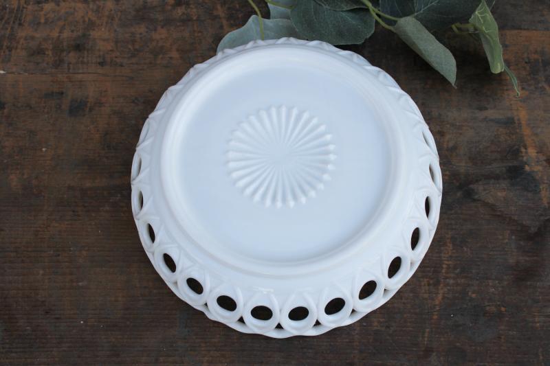 photo of vintage milk glass open lace edge bowl, peacock feather scalloped border #2