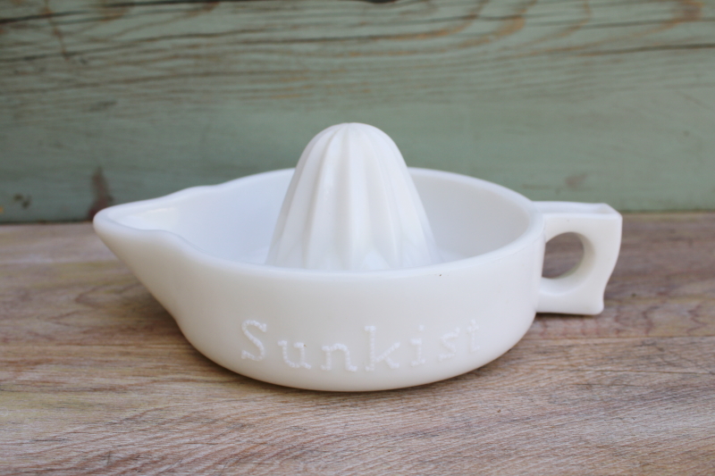 photo of vintage milk glass orange or lemon juicer, Sunkist reamer w/ old patent #1