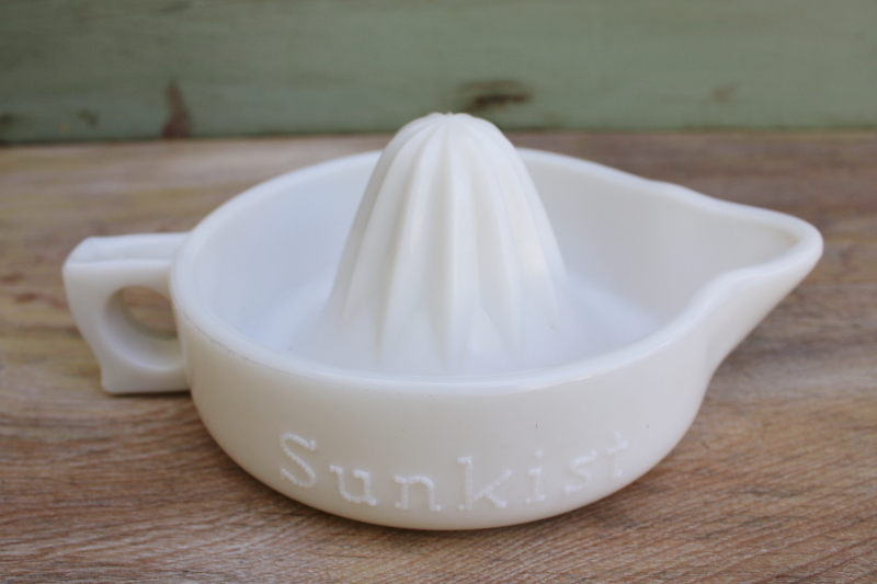 photo of vintage milk glass orange or lemon juicer, Sunkist reamer w/ old patent #3