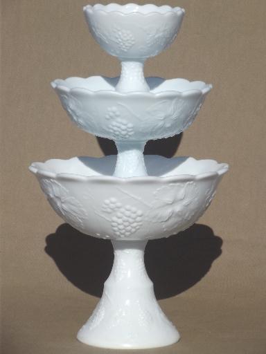 photo of tage milk glass pedestal bowls in tiered sizes for trio set or tower #1