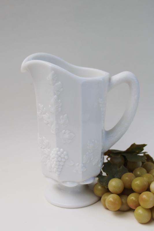 photo of vintage milk glass pitcher, Westmoreland paneled grape pattern embossed grapes #1