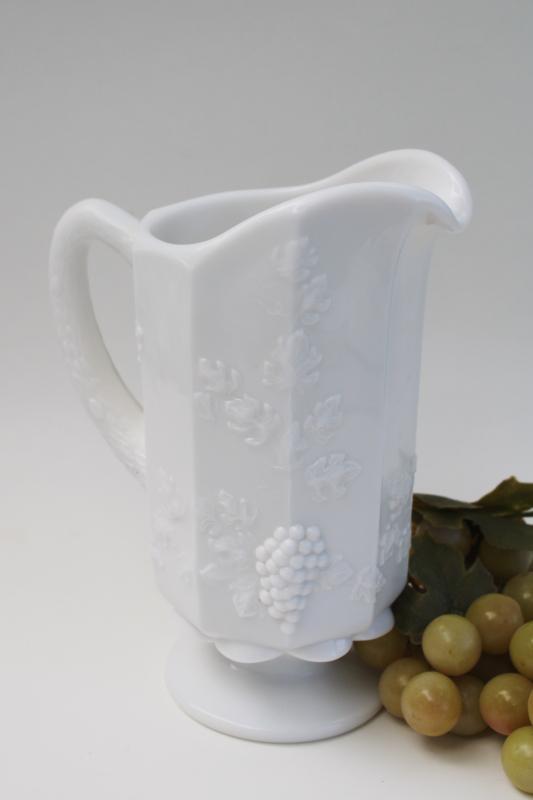 photo of vintage milk glass pitcher, Westmoreland paneled grape pattern embossed grapes #4