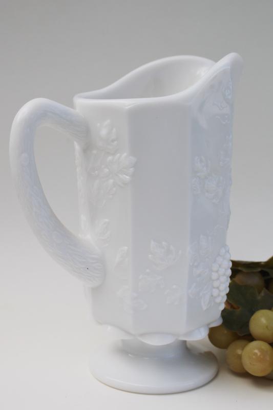 photo of vintage milk glass pitcher, Westmoreland paneled grape pattern embossed grapes #5