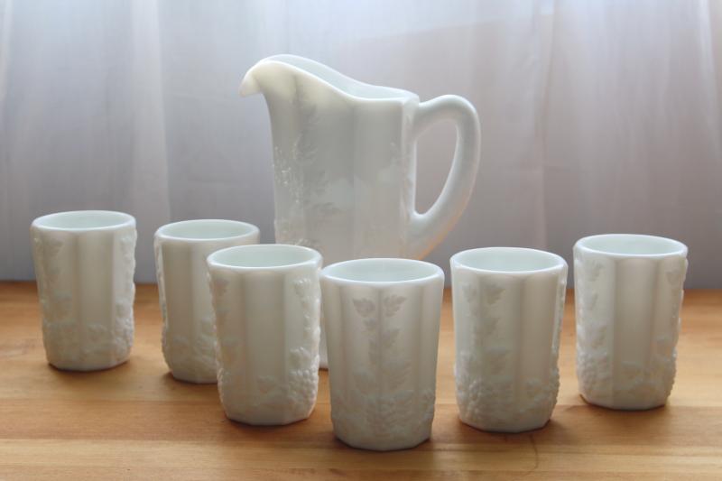 photo of vintage milk glass pitcher & glasses, Westmoreland paneled grape pattern #1