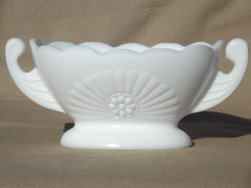 photo of vintage milk glass planter vase, double handled bowl w/ deco starburst #1