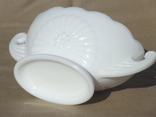 photo of vintage milk glass planter vase, double handled bowl w/ deco starburst #4