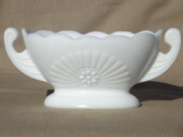 catalog photo of vintage milk glass planter vase, double handled bowl w/ deco starburst