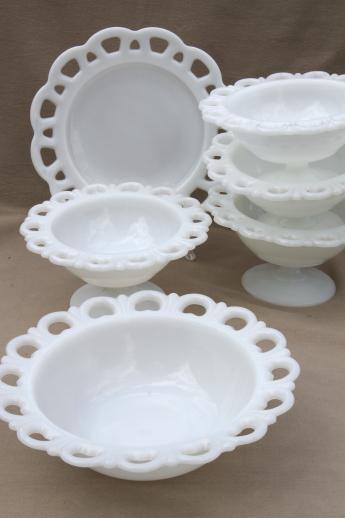 photo of vintage milk glass, plate & footed bowls or candy dishes w/ open lace edge #1