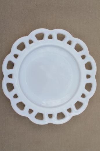 photo of vintage milk glass, plate & footed bowls or candy dishes w/ open lace edge #2