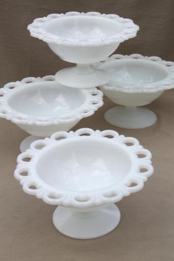 photo of vintage milk glass, plate & footed bowls or candy dishes w/ open lace edge #3